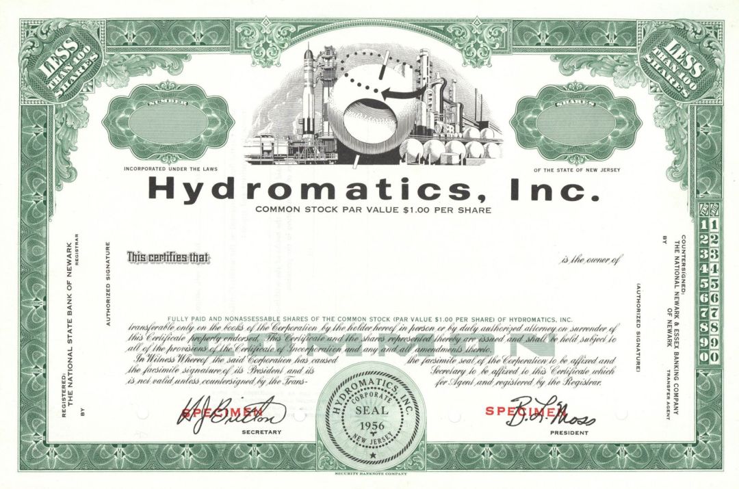 Hydromatics, Inc. -  1956 dated Specimen Stock Certificate