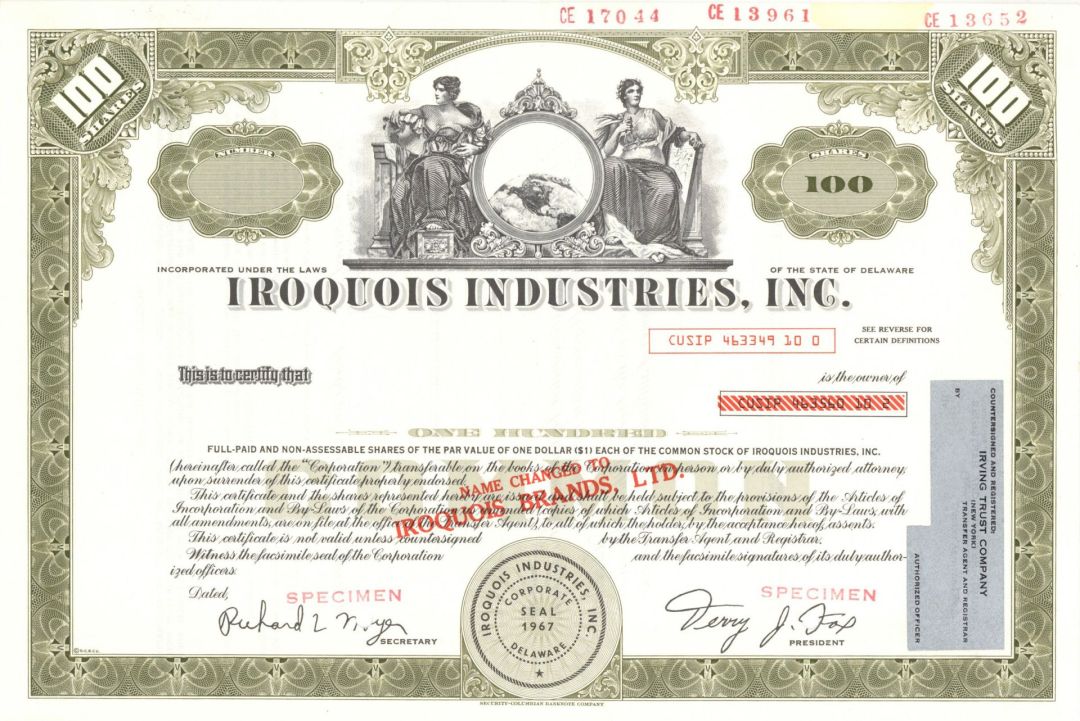 Iroquois Industries, Inc. -  1967 dated Specimen Stock Certificate