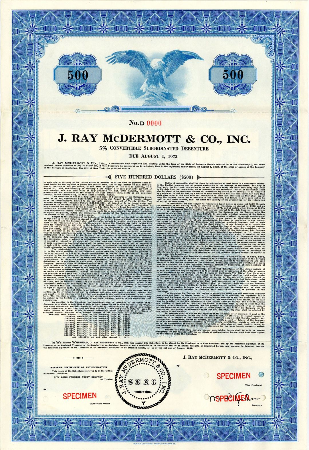 J. Ray McDermott and Co., Inc. - 1957 dated $500 Specimen Bond