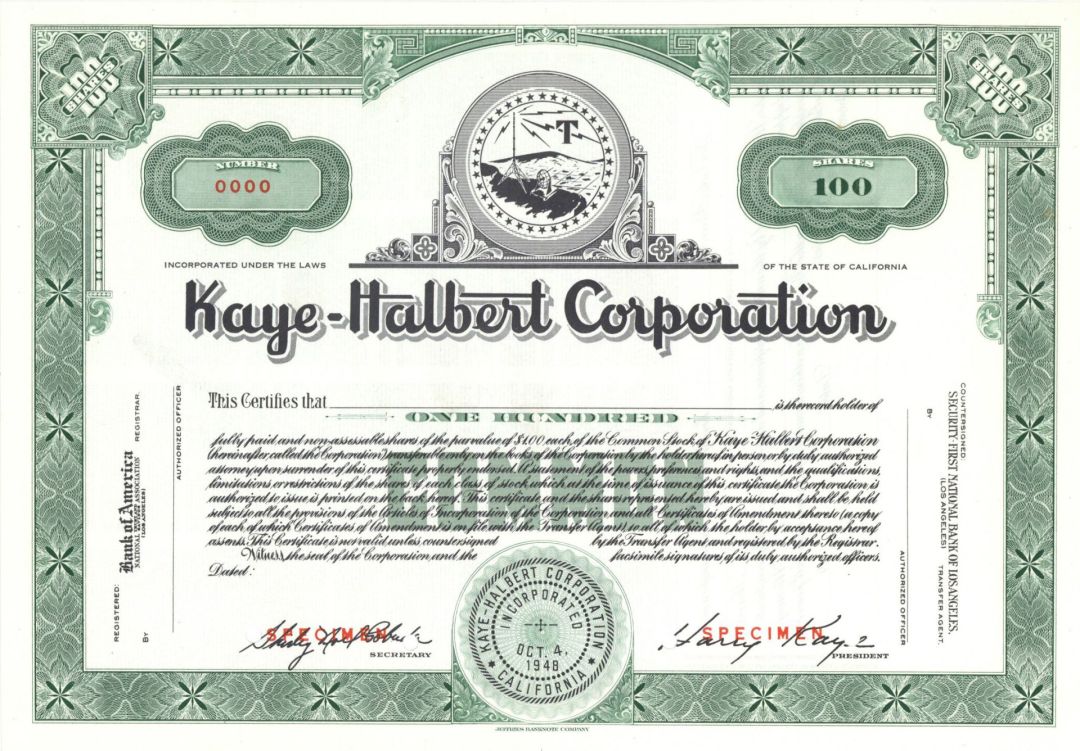 Kaye-Halbert Corp. -  1948 dated Specimen Stock Certificate