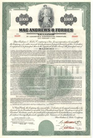 Mac Andrews and Forbes Co. - 1962 dated $1,000 Specimen Bond