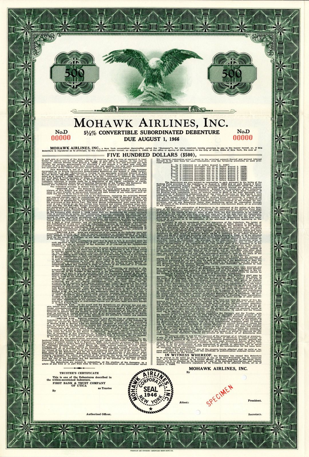 Mohawk Airlines, Inc. - 1966 dated $500 Specimen Bond