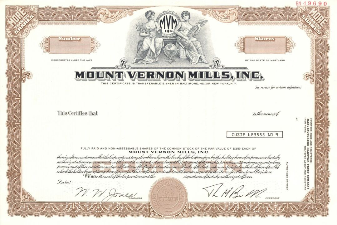 Mount Vernon Mills, Inc. -  1915 dated Specimen Stock Certificate