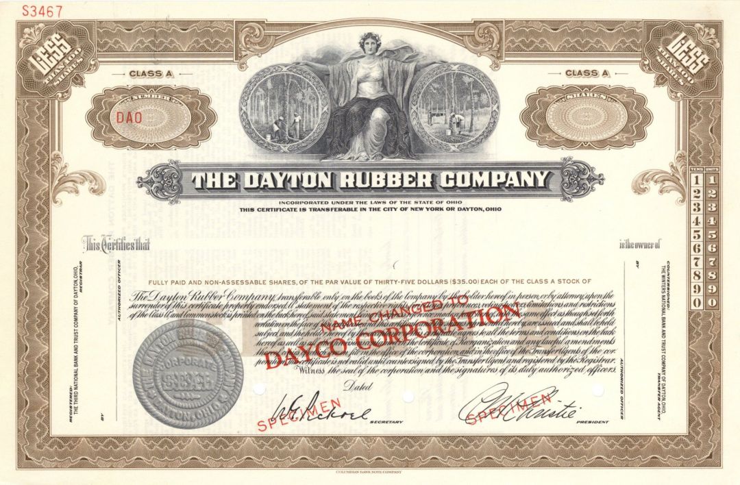 Dayton Rubber Co. - Dayco Corporation - Specimen Stock Certificate
