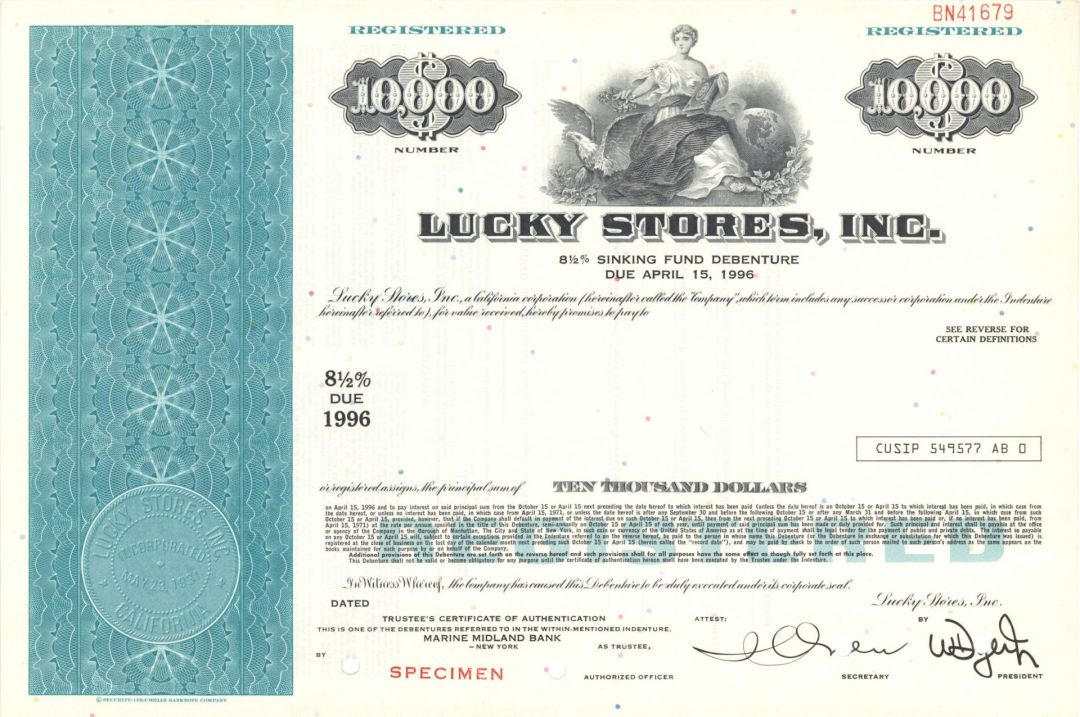 Lucky Stores, Inc. - $10,000 1931 dated Specimen Bond