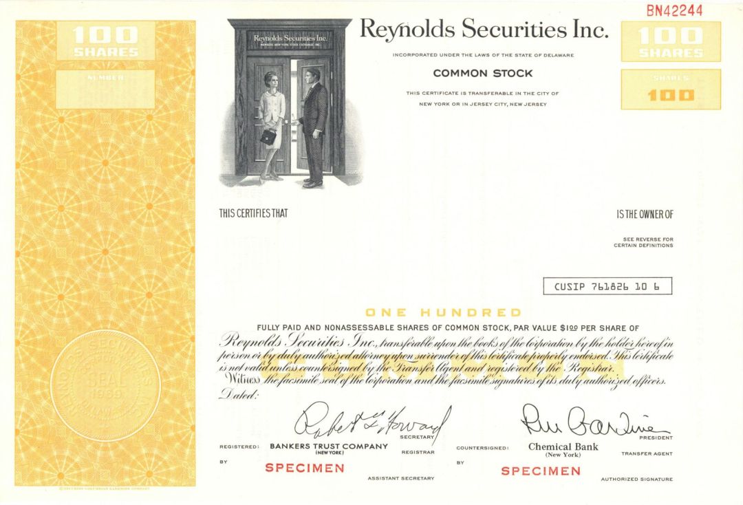 Reynolds Securities Inc. -  1969 dated Specimen Stock Certificate