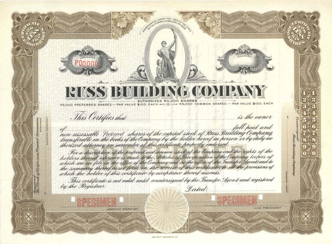 Russ Building Co. - 1926 dated Specimen Stock Certificate