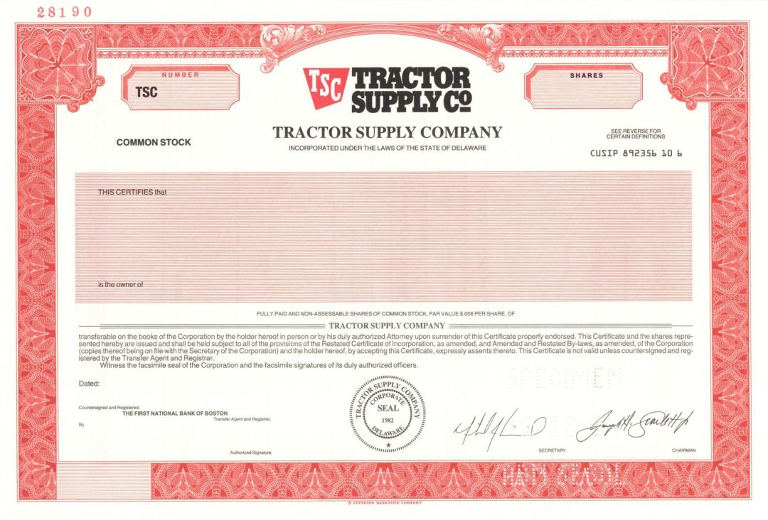 Tractor Supply Co. -  1982 dated Specimen Stock Certificate