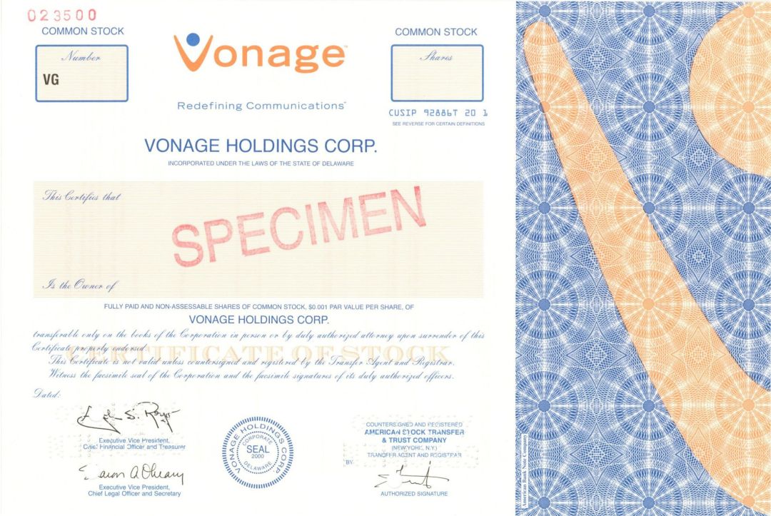 Vonage Holdings Corp. -  2000 dated Specimen Stock Certificate