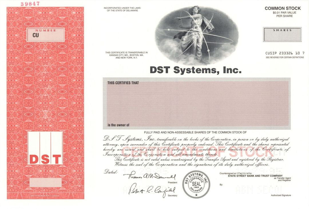 DST Systems, Inc. -  1995 dated Specimen Stock Certificate
