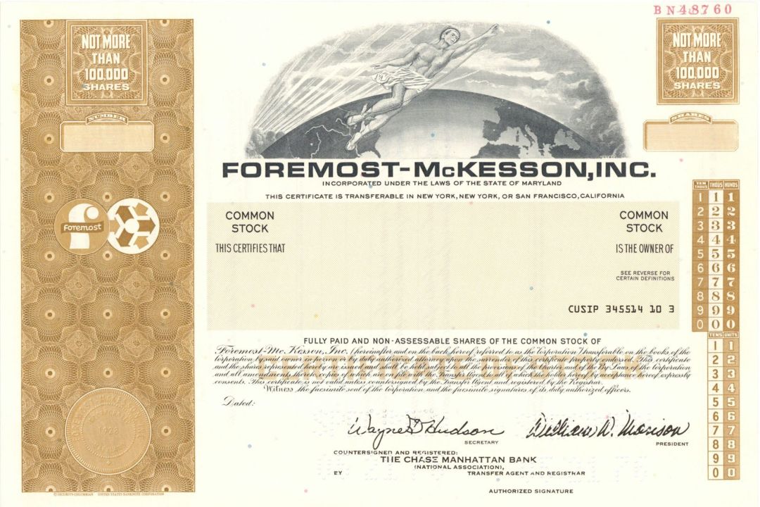 Foremost-McKesson, Inc. -  1976 dated Specimen Stock Certificate