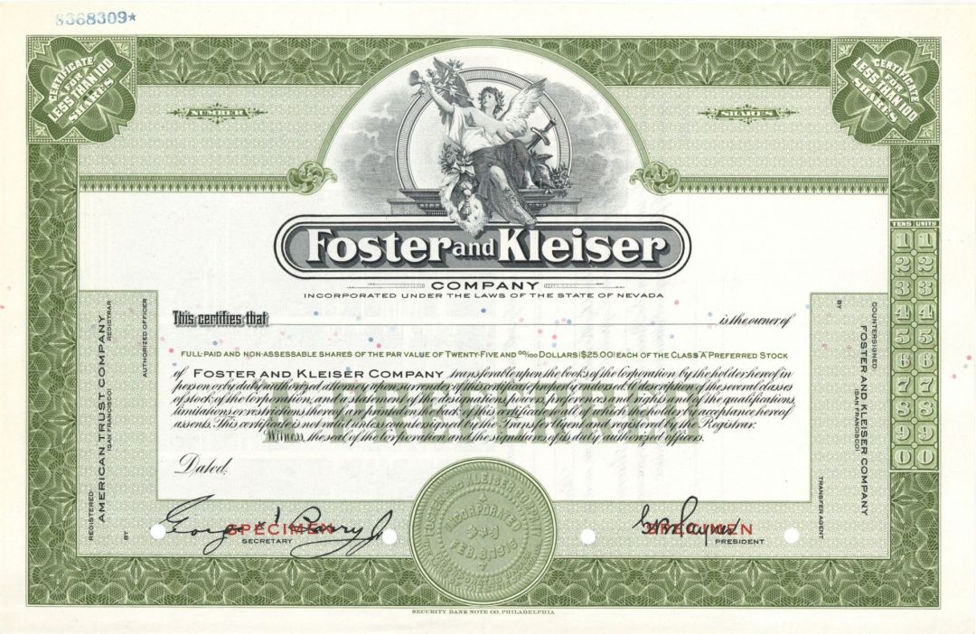 Foster and Kleiser Co. -  Specimen Stock Certificate