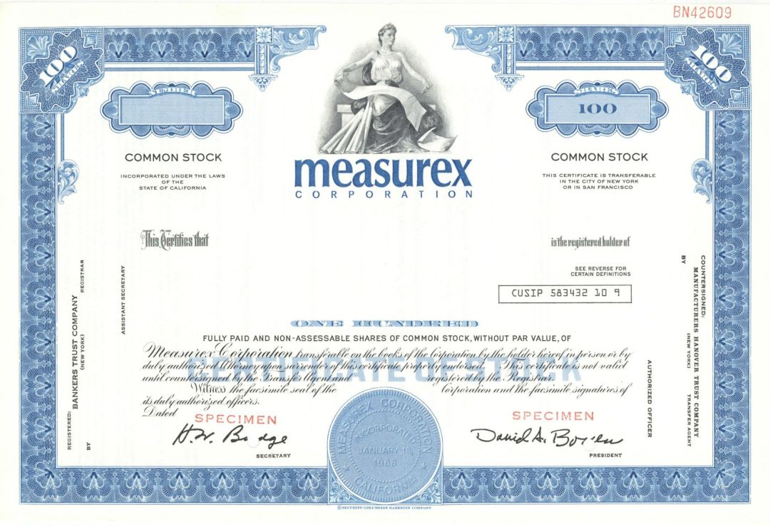 Measurex Corp. -  1968 dated Specimen Stock Certificate