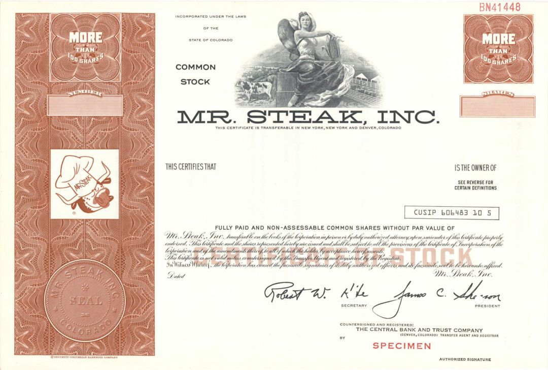Mr. Steak, Inc. - Specimen Stock Certificate