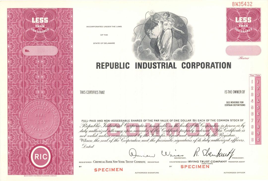 Republic Industrial Corp. -  1957 dated Specimen Stock Certificate