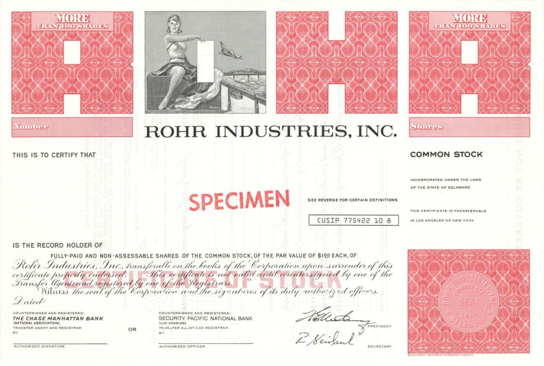 Rohr Industries, Inc. -  1969 dated Specimen Stock Certificate