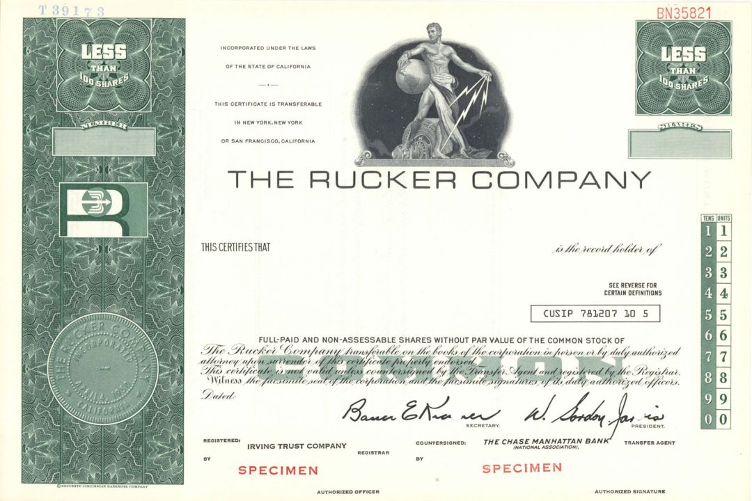 Rucker Co. -  1950 dated Specimen Stock Certificate