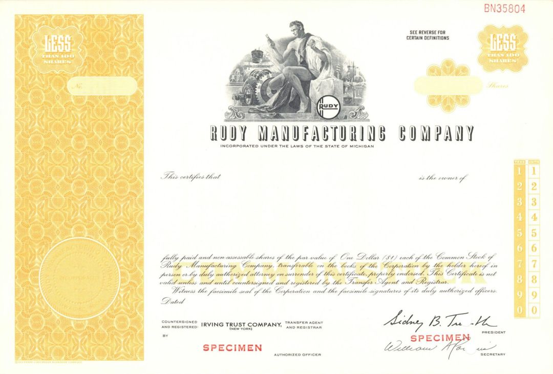 Rudy Manufacturing Co. -  Specimen Stock Certificate