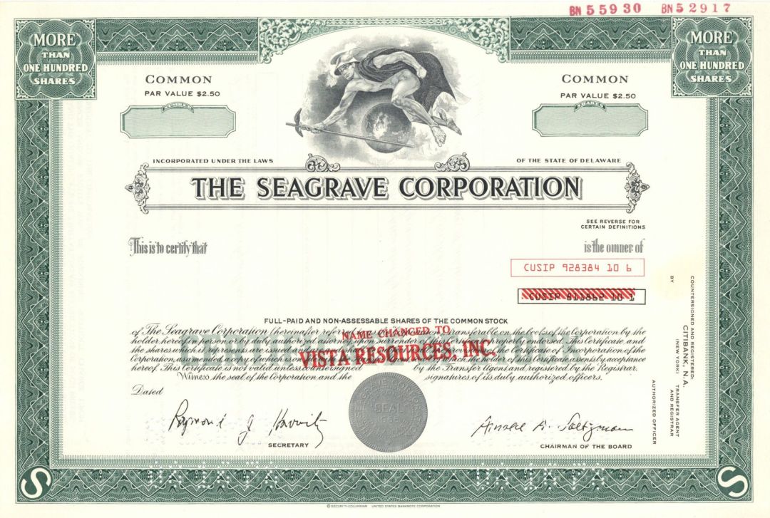 Seagrave Corp. -  1965 dated Specimen Stock Certificate