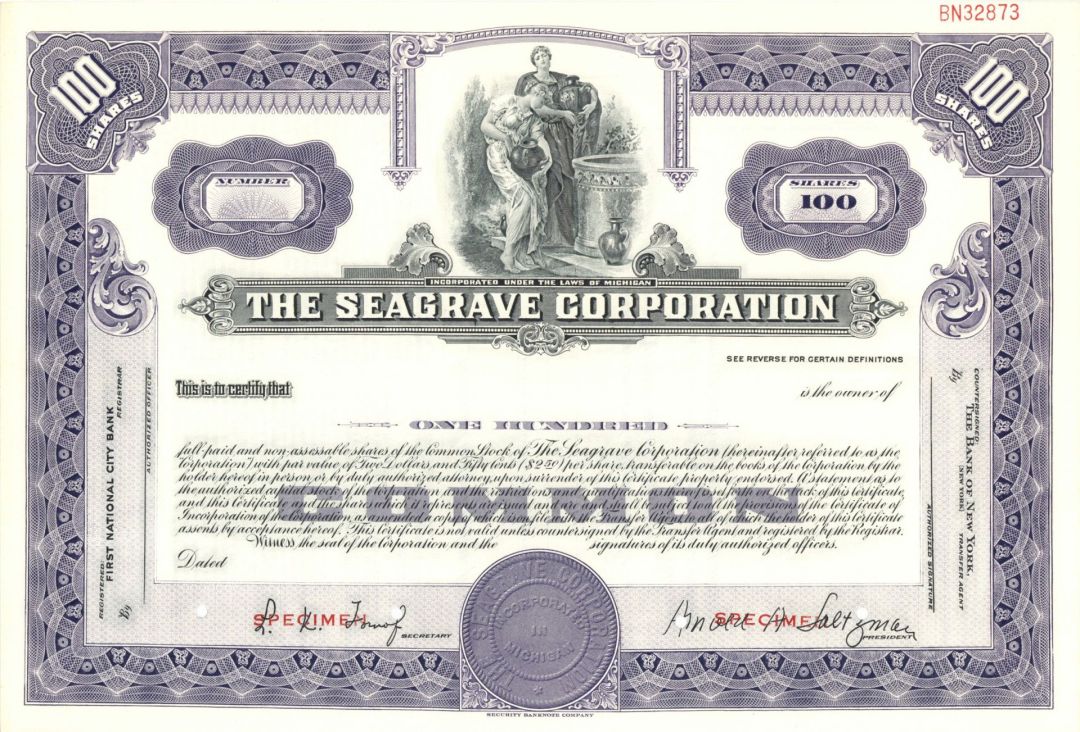 Seagrave Corp. -  Specimen Stock Certificate