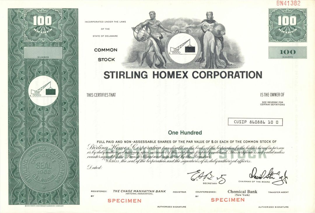 Stirling Homex Corp. -  1968 dated Specimen Stock Certificate