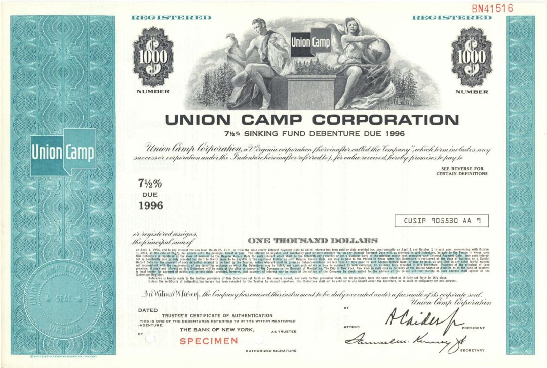 Union Camp Corp. -  $1,000 Specimen Bond