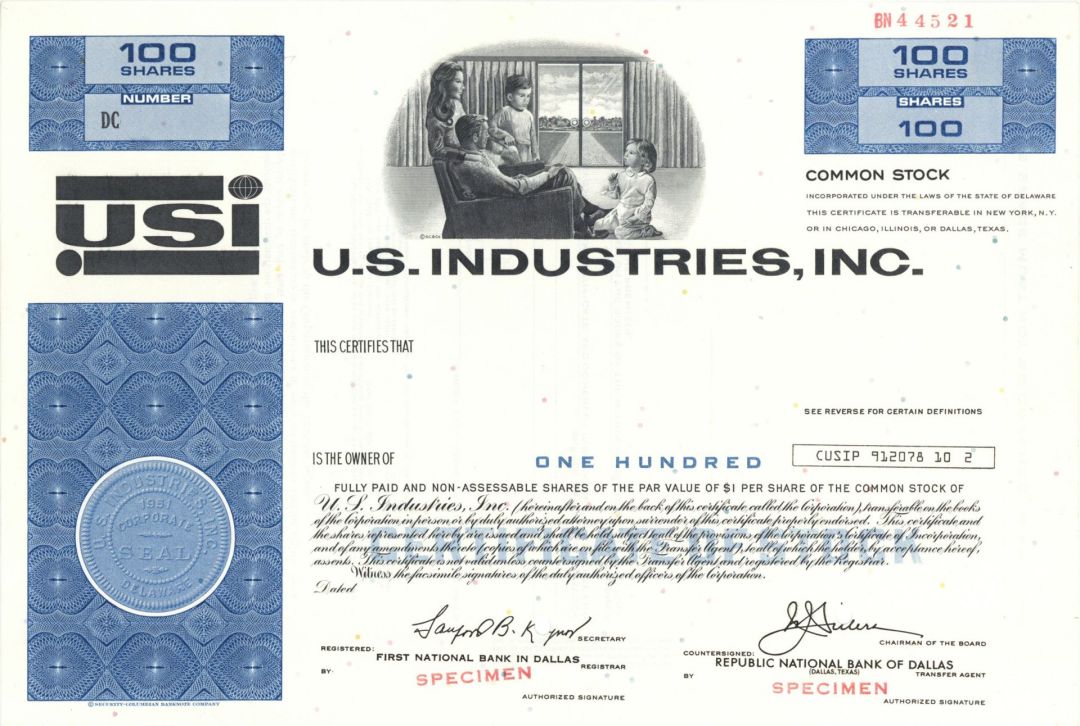 U.S. Industries, Inc. -  1951 dated Specimen Stock Certificate