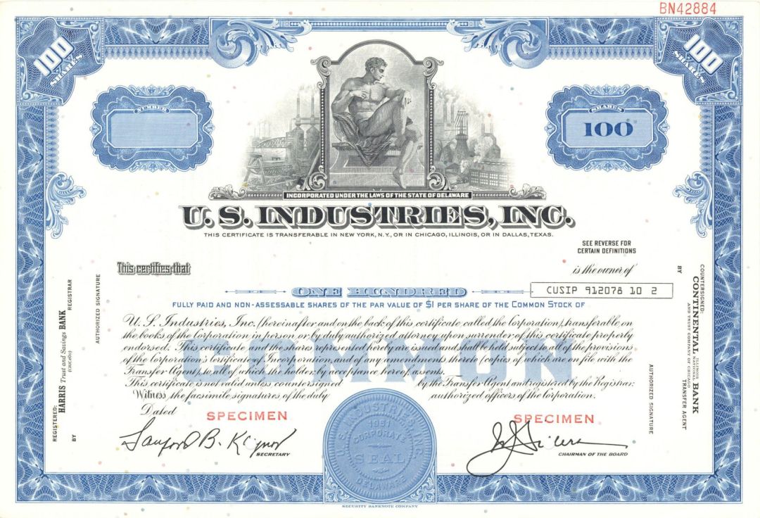 U.S. Industries, Inc. -  1951 dated Specimen Stock Certificate