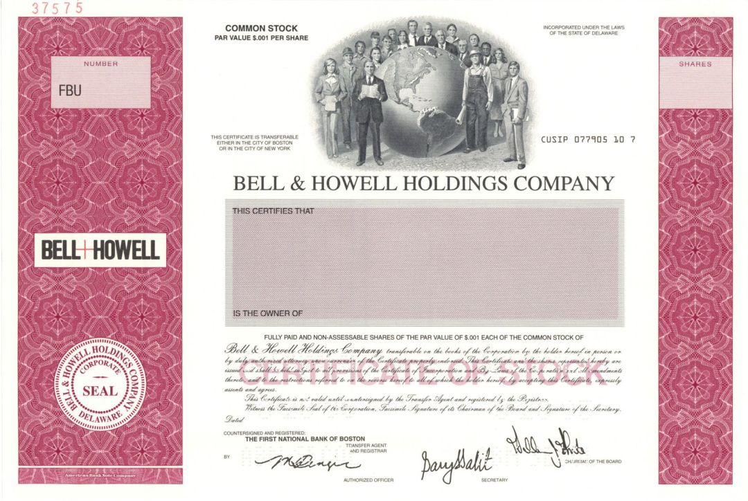Bell and Howell Holdings Co. - 1995 dated Specimen Stock Certificate