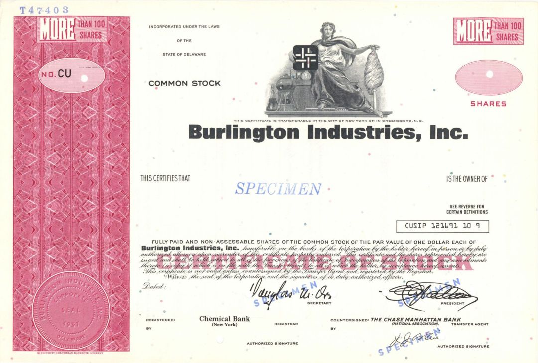 Burlington Industries, Inc. - 1937 dated Specimen Stock Certificate