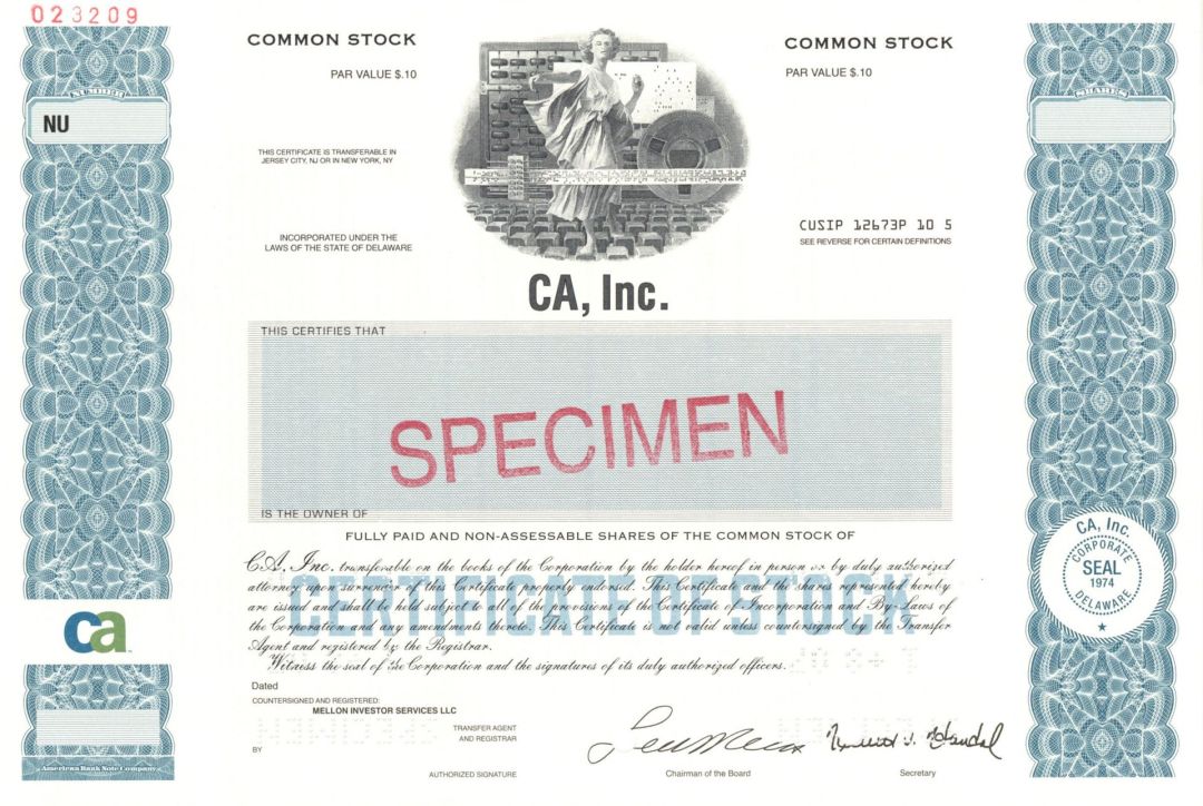 CA, Inc. - 1974 dated Specimen Stock Certificate