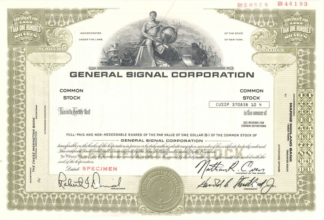 General Signal Corp. - 1904 dated Specimen Stock Certificate