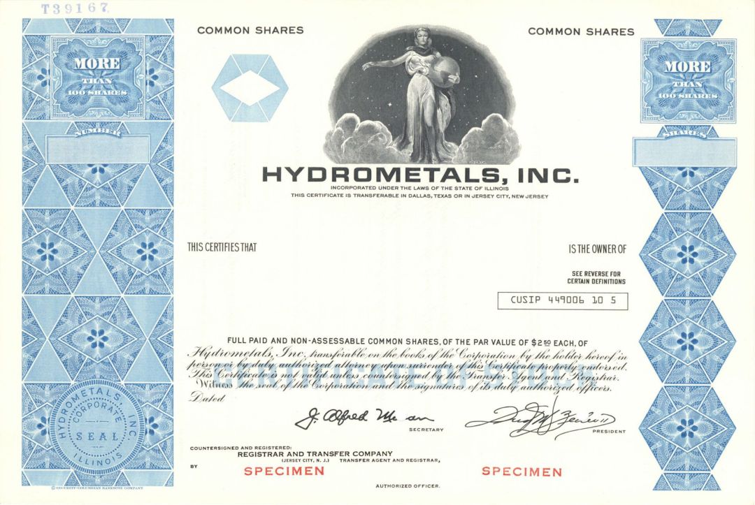 Hydrometals, Inc. -  Specimen Stock Certificate