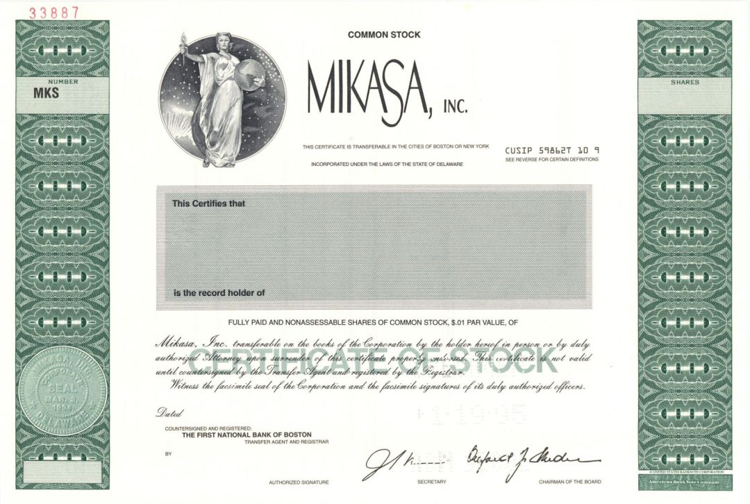Mikasa, Inc. -  1995 dated Specimen Stock Certificate