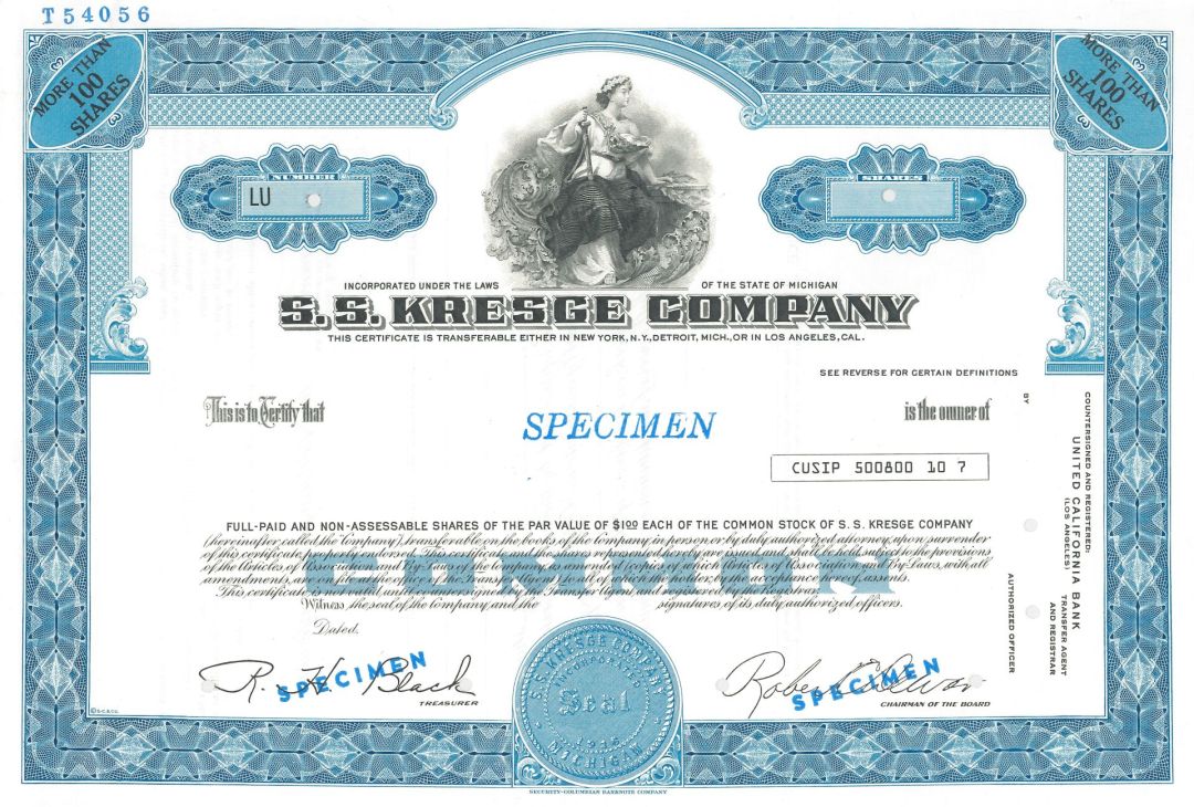 S.S. Kresge Co. -  1916 dated Specimen Stock Certificate