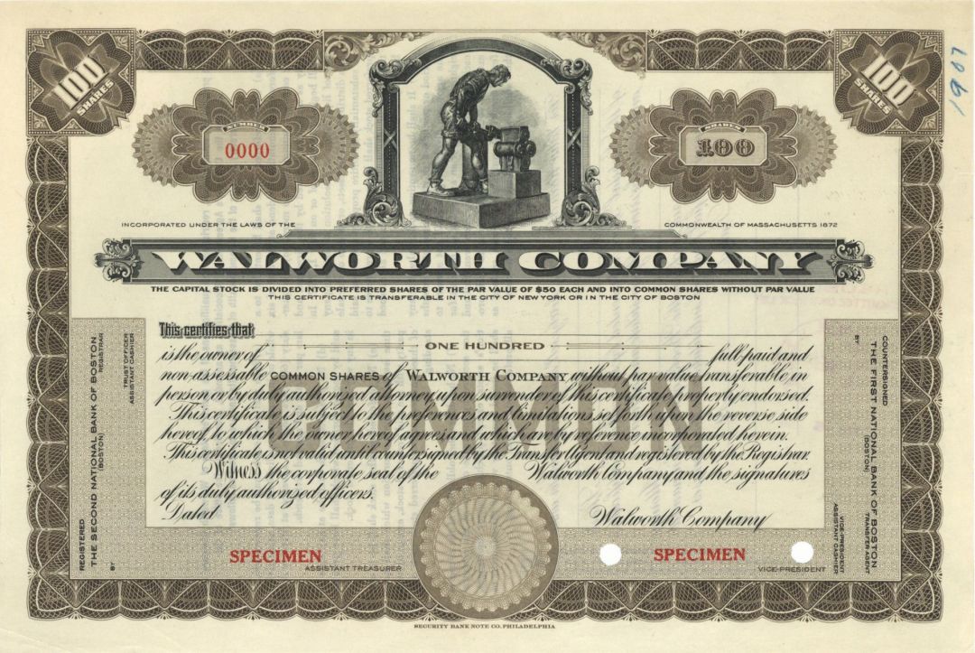 Walworth Co. - Specimen Stock Certificate