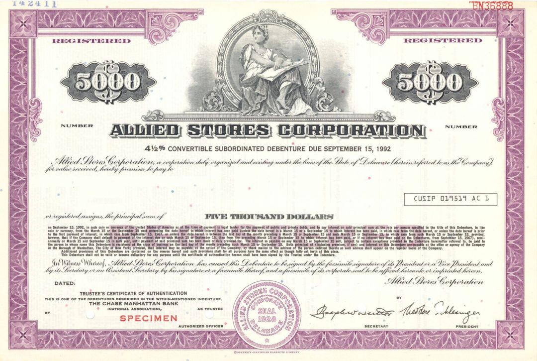 Allied Stores Corp. -  $5,000 Specimen Bond
