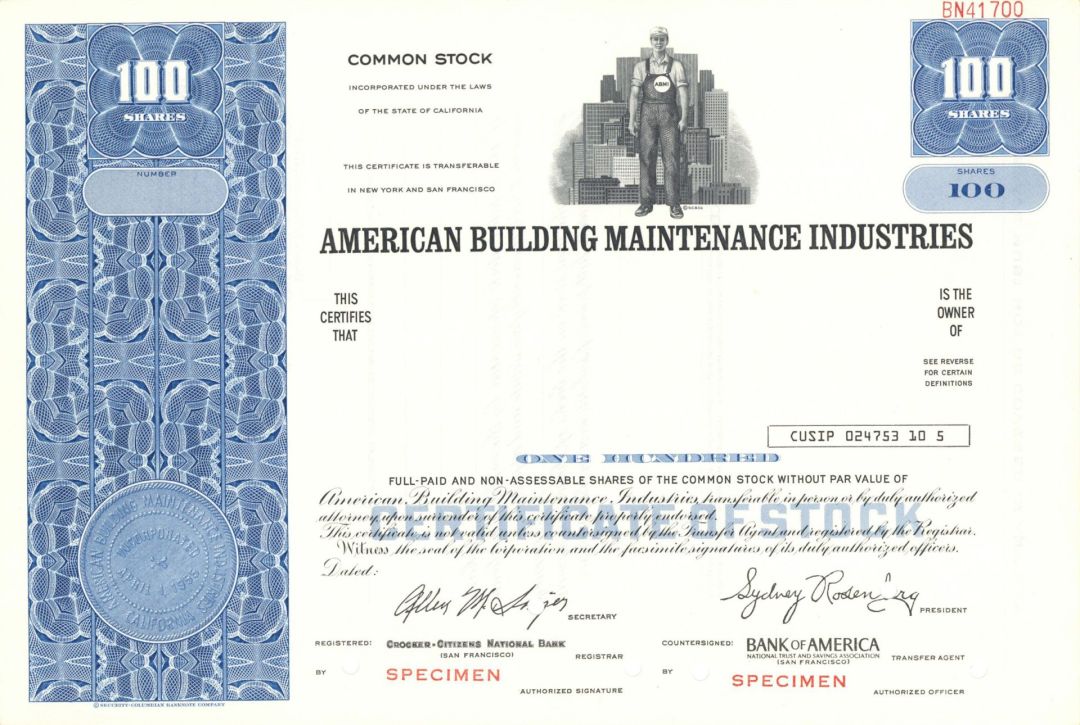 American Building Maintenance Industries -  1955 dated Specimen Stock Certificate