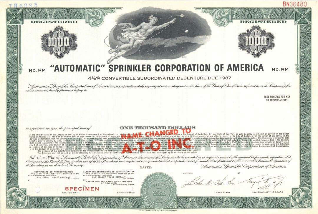 "Automatic" Sprinkler Corporation of America -  $1,000 Specimen Bond