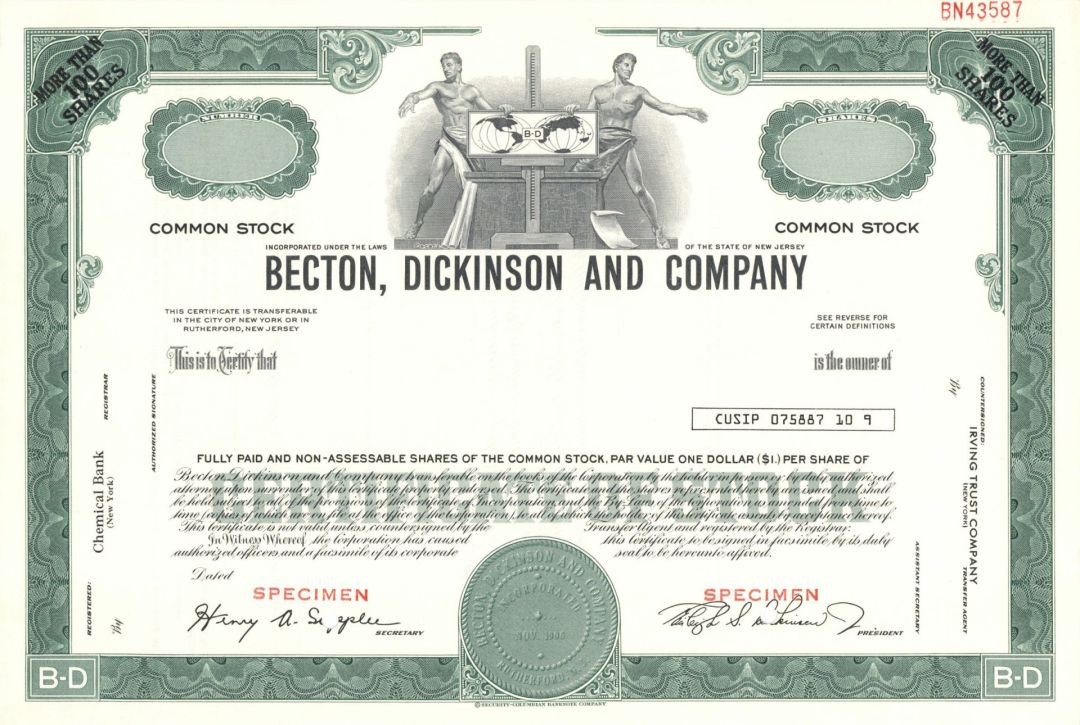 Becton, Dickinson and Company -  1906 dated Specimen Stock Certificate