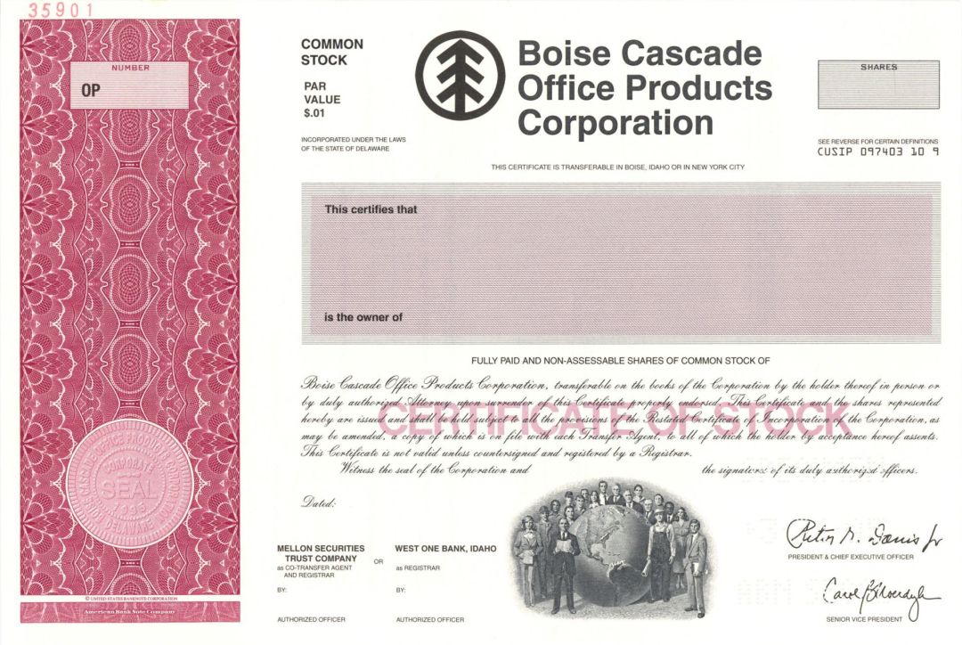 Boise Cascade Office Products Corp. -  1995 dated Specimen Stock Certificate