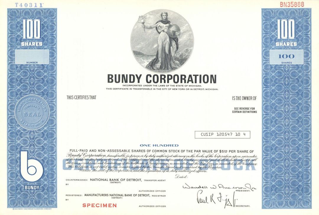 Bundy Corp. -  Specimen Stock Certificate