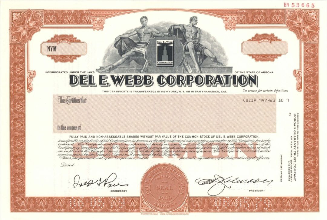 Del E. Webb Corp. -  1946 dated Specimen Stock Certificate