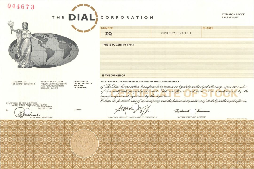 Dial Corp. -  1996 dated Specimen Stock Certificate