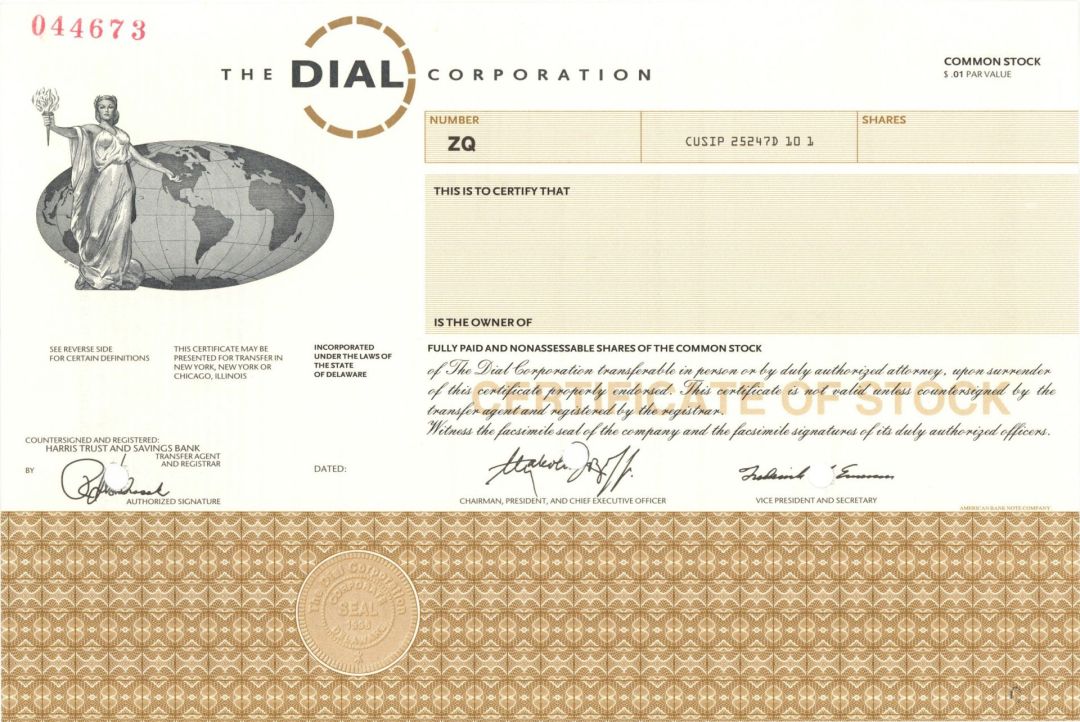 Dial Corp. - Specimen Stock Certificate - Henkel Corporation - Doing Business as the Henkel North American Consumer Goods