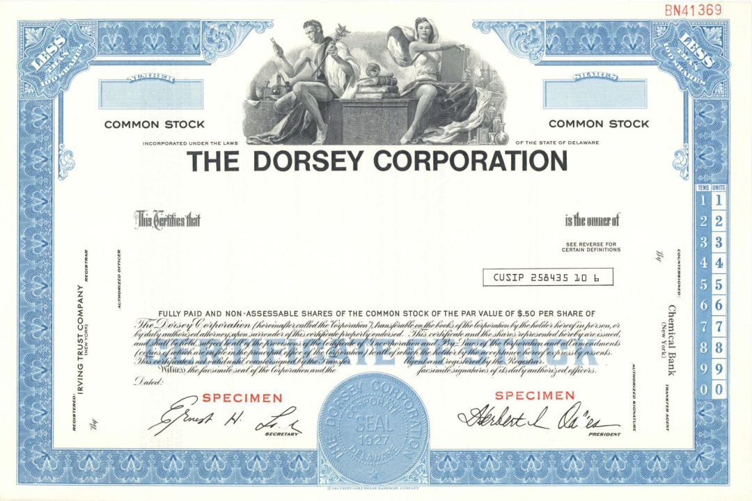 Dorsey Corp. -  1927 dated Specimen Stock Certificate