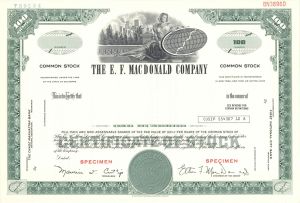 E. F. MacDonald Co. -  1961 dated Specimen Stock Certificate