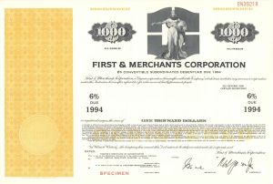 First and Merchants Corp. -  $1,000 Specimen Bond