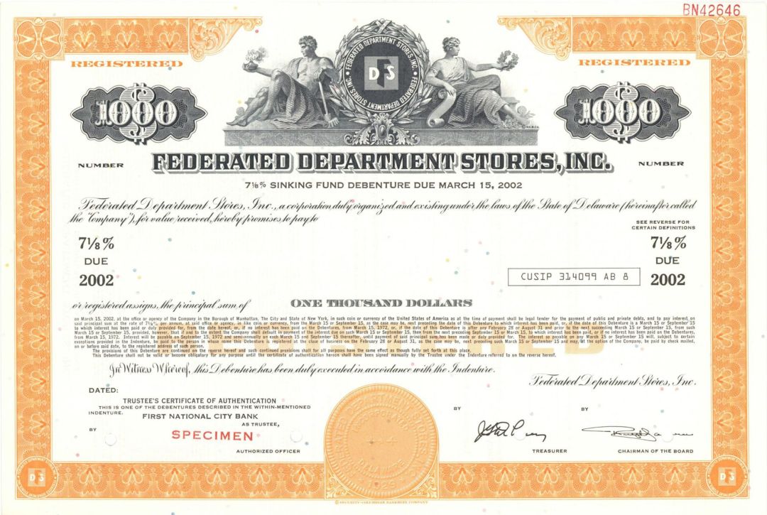 Federated Department Stores, Inc. - Known as Macy's - $1,000 1972 dated Specimen Bond