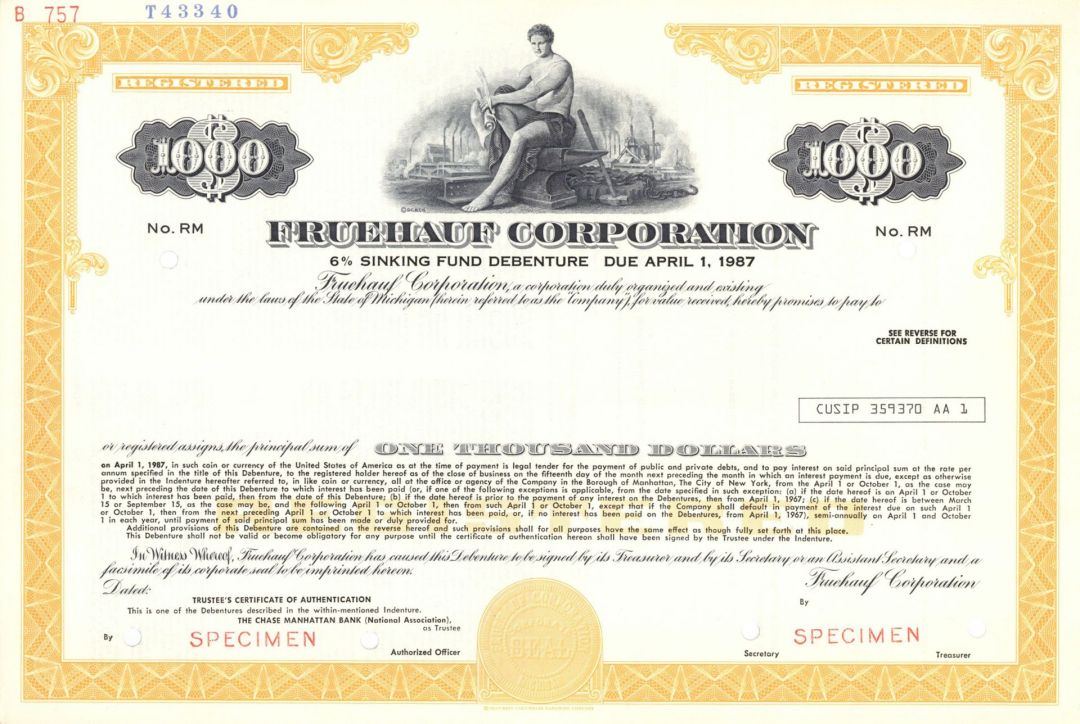 Fruehauf Corp. - $1,000 Specimen Bond
